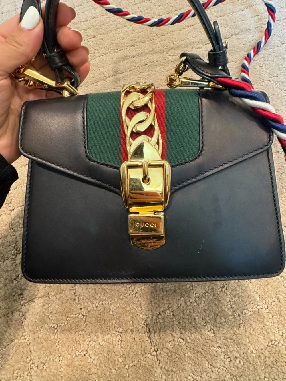 Gucci Black Leather Mini Top-Handle Bag with Green & Red Stripe - Picture 2 of 13